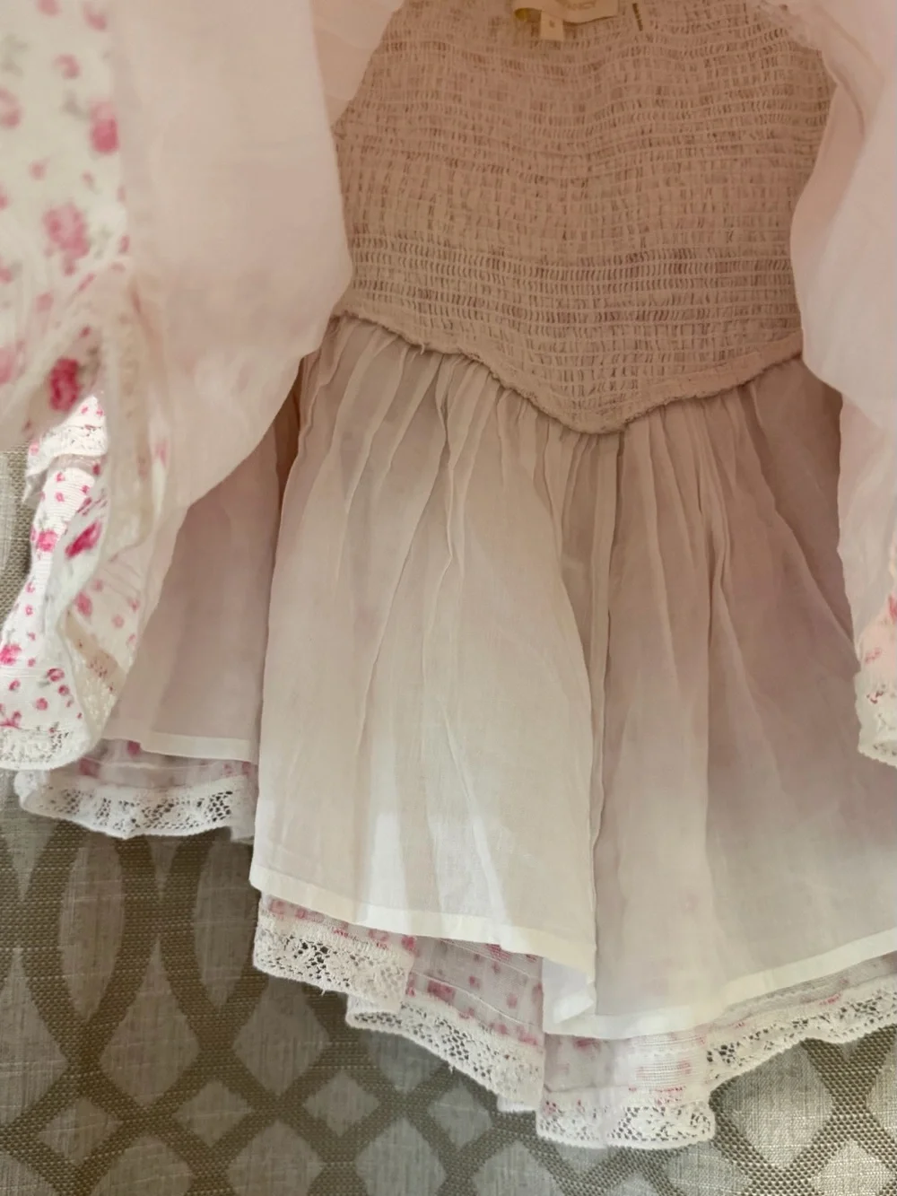 LoveShackFancy Stone Smocked Ruffled Floral Mini Skirt White/Pink Size Medium
